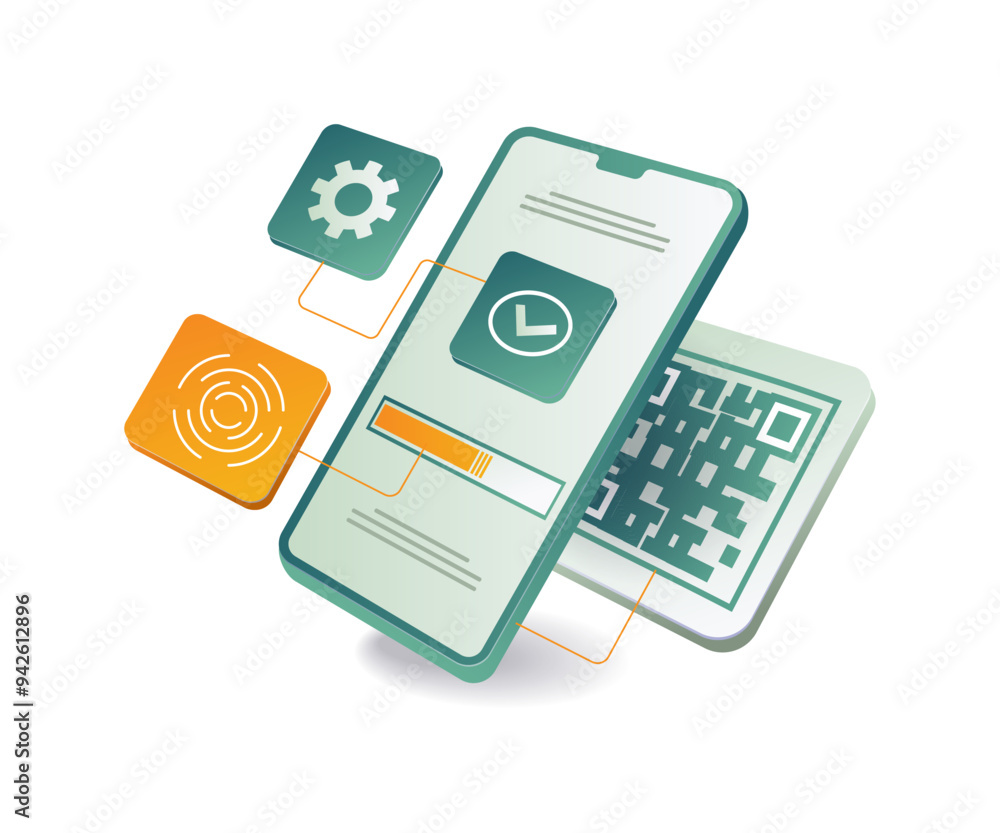 A smartphone displaying a clock and various icons, including a barcode scanning feature A smartphone displaying a clock and various icons, including a barcode scanning feature