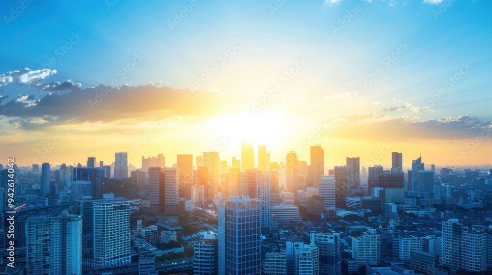 Fototapeta premium Cityscape at Sunset with Golden Sky.
