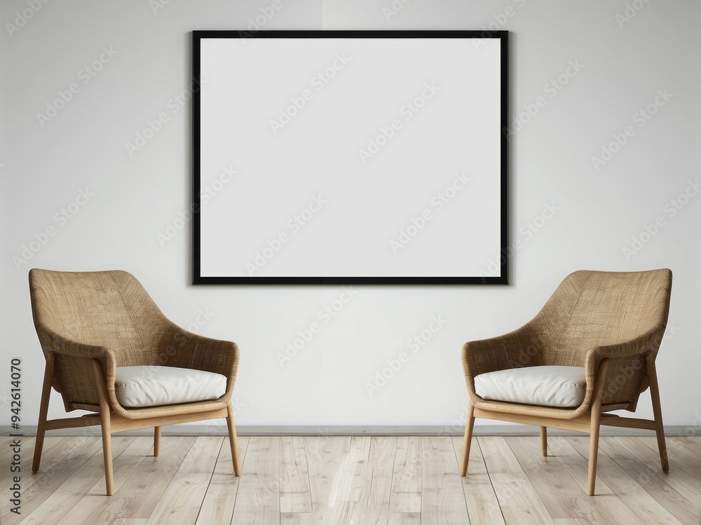 Two Wooden Chairs and a Blank Framed Canvas in a Minimalist Interior Two Wooden Chairs and a Blank Framed Canvas in a Minimalist Interior