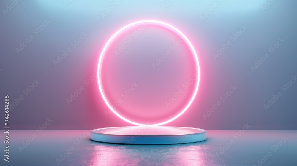 Neon Portal, a glowing pink circle suspended in the air above a glossy pedestal, surrounded by soft blue and pink gradients creating a futuristic atmosphere. Neon Portal, a glowing pink circle suspended in the air above a glossy pedestal, surrounded by soft blue and pink gradients creating a futuristic atmosphere.