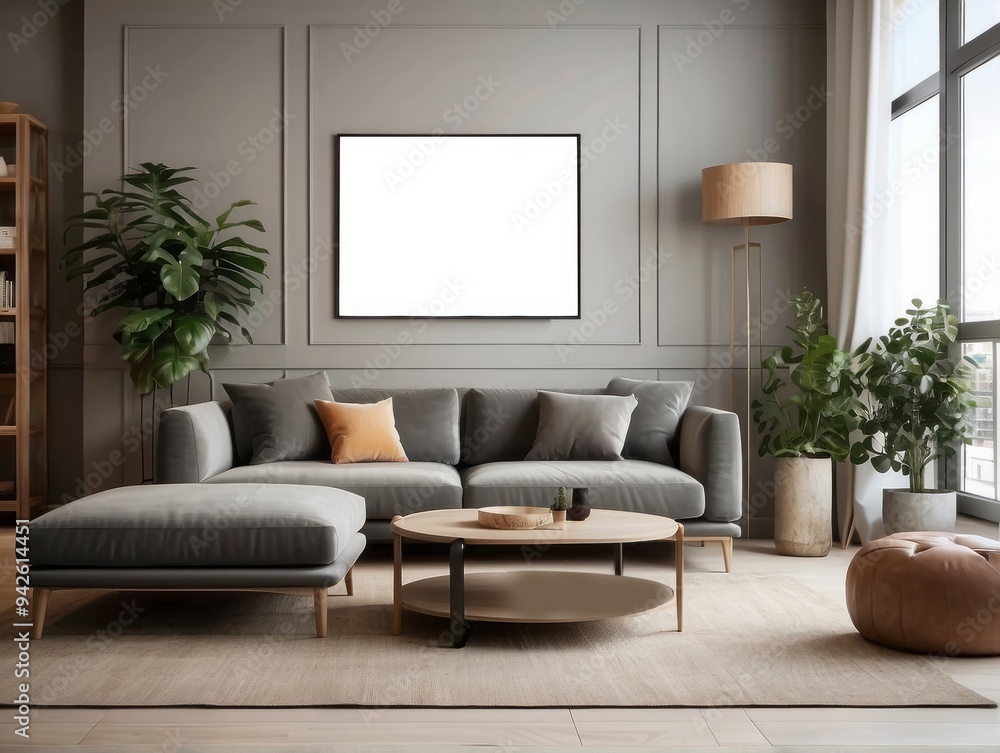 Modern living room interior with gray sofa and wooden coffee table Modern living room interior with gray sofa and wooden coffee table