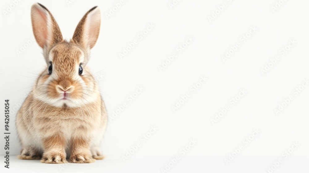 Curious young rabbit with soft fur and attentive expression, set against a minimalistic white background, radiating warmth and innocence Curious young rabbit with soft fur and attentive expression, set against a minimalistic white background, radiating warmth and innocence