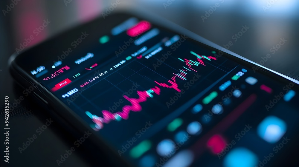 Smartphone displaying a market application with financial data charts and analytics for tracking investments portfolio management and business decision making