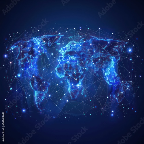 A blue futuristic background featuring a world map and planet Earth, symbolizing the expansion of global social networks and future technological advancements.