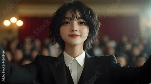 Young woman in black suit s...
