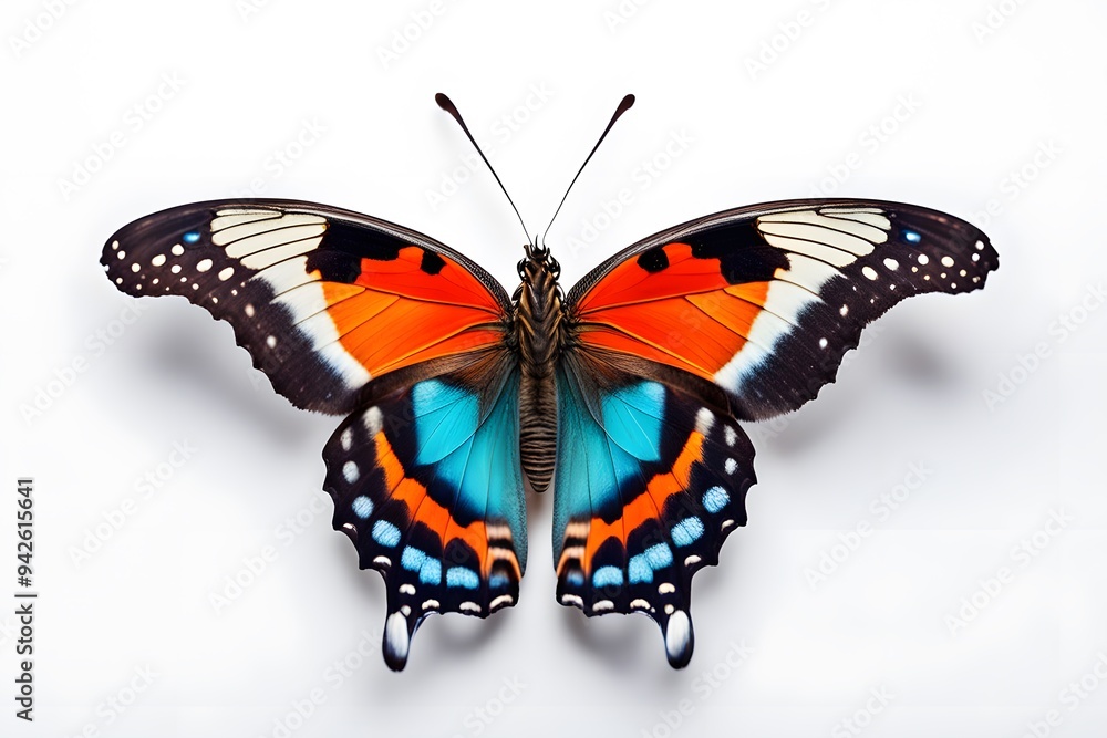 Fototapeta premium A vibrant butterfly with bold contrasting colors on its wings on a white background, AI Generated