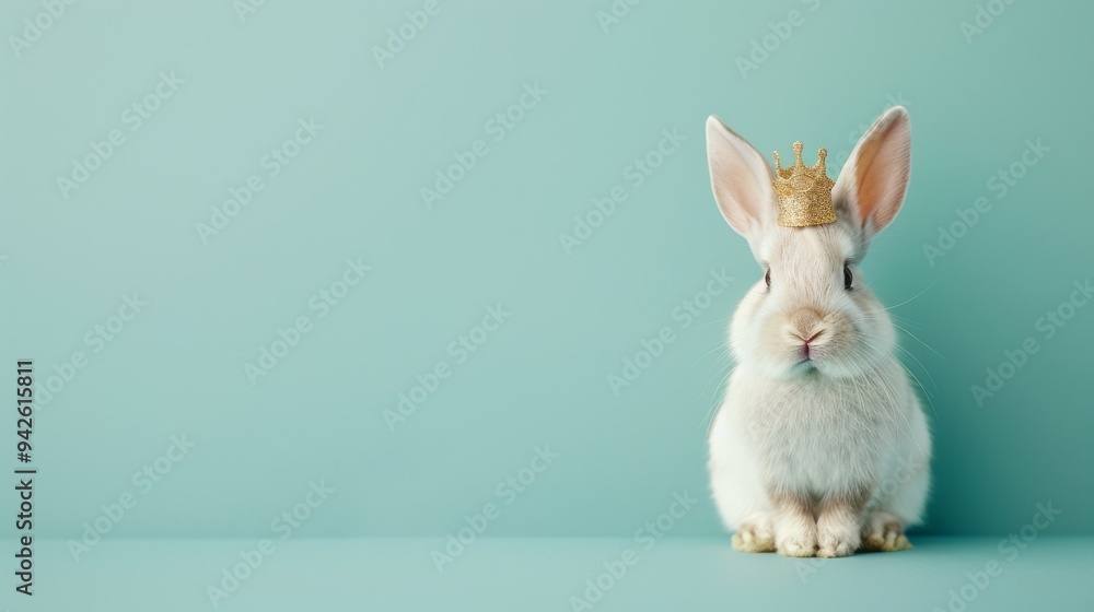 Regal Bunny, an adorable white rabbit wearing a glittering golden crown, sits gracefully against a serene mint background, exuding charm and whimsy. Regal Bunny, an adorable white rabbit wearing a glittering golden crown, sits gracefully against a serene mint background, exuding charm and whimsy.