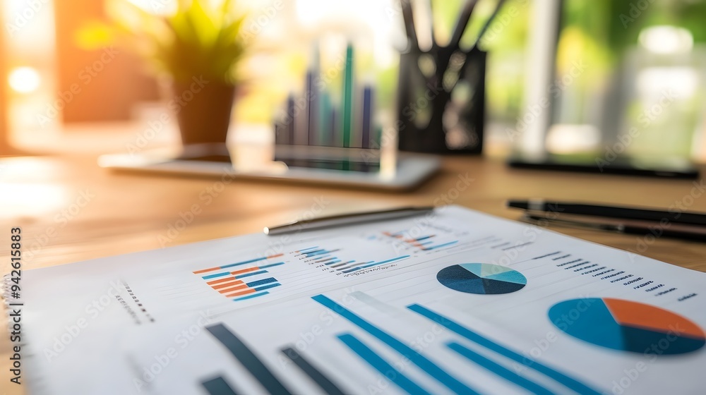 A desk workspace with financial reports featuring bar graphs and pie charts providing visual data analysis and statistics for business accounting or investment purposes with copy space for text A desk workspace with financial reports featuring bar graphs and pie charts providing visual data analysis and statistics for business accounting or investment purposes with copy space for text