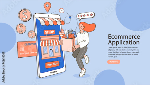 Food delivery. vector, Shopping cart holds mobile phones and food bags. 