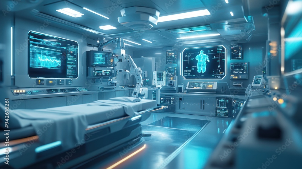 Futuristic Operating Room with Robotic Arm and Patient Data Displays Futuristic Operating Room with Robotic Arm and Patient Data Displays