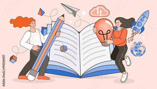 two girls reading big book ,have icon and idea education concept.