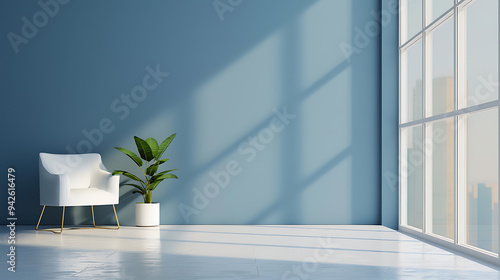 A white armchair sits in a corner of a room with a blue wall, a potted plant, and a large window.