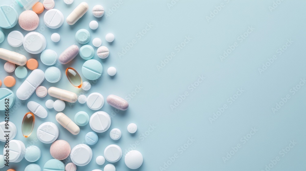 Assorted pills and capsules, vibrant and varied, representing a spectrum of medications on a soft blue background, highlighting health and wellness needs. Assorted pills and capsules, vibrant and varied, representing a spectrum of medications on a soft blue background, highlighting health and wellness needs.