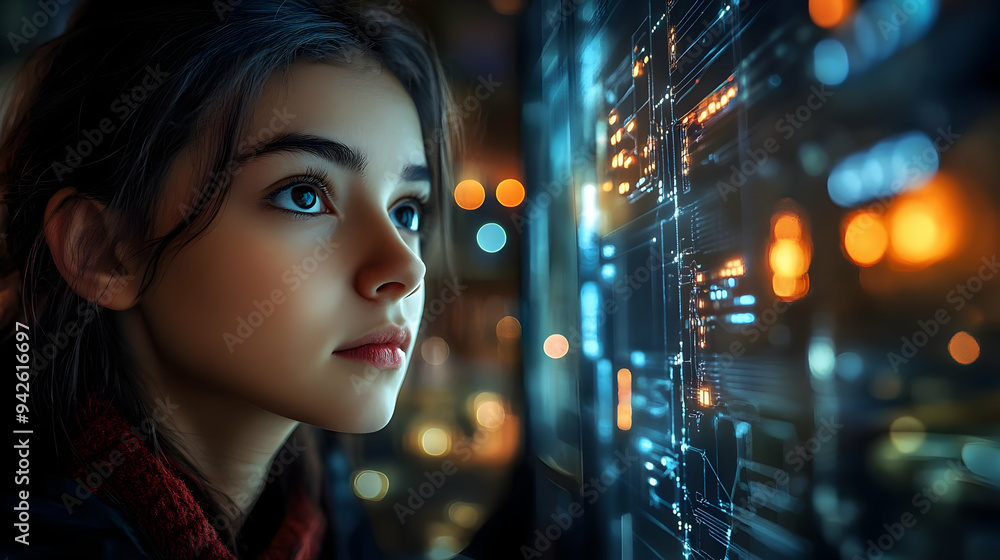 Young woman looking intently at a screen filled with digital information. Young woman looking intently at a screen filled with digital information.