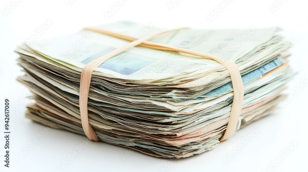 A neat stack of receipts or invoices tied together with a rubber band isolated on a clean white background A neat stack of receipts or invoices tied together with a rubber band isolated on a clean white background