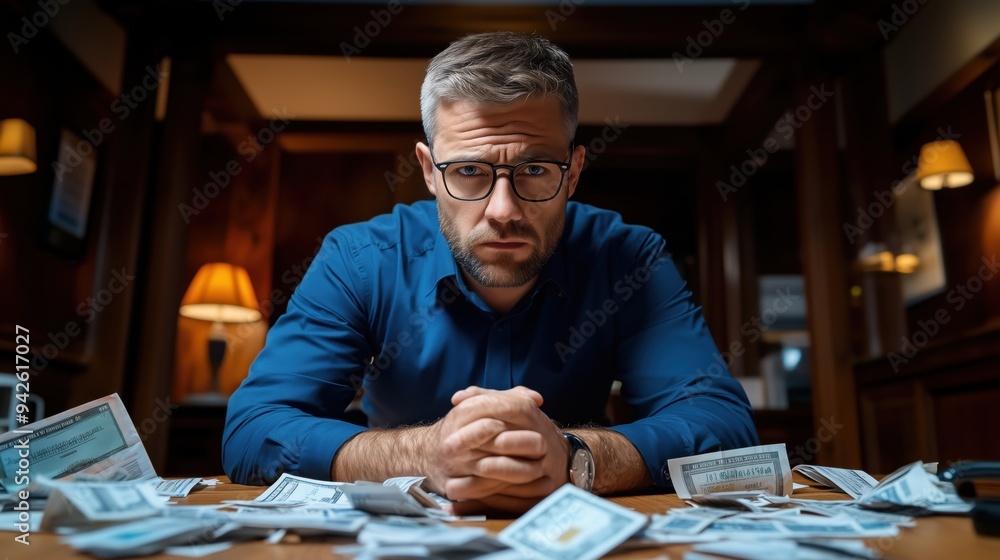 A pensive man surrounded by scattered cash, contemplating financial decisions in a cozy, dimly lit room. A pensive man surrounded by scattered cash, contemplating financial decisions in a cozy, dimly lit room.