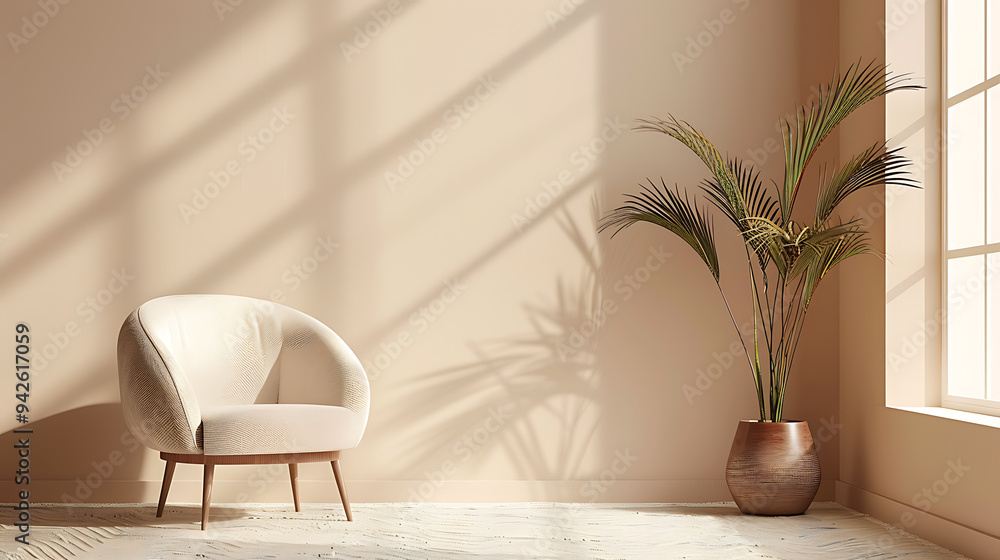 A white armchair sits in a minimalist room with a large potted plant. Sunlight streams in through a window casting shadows on the walls. A white armchair sits in a minimalist room with a large potted plant. Sunlight streams in through a window casting shadows on the walls.