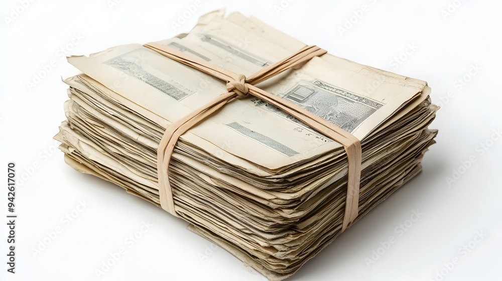 A stack of financial receipts or invoices tied together with a rubber band isolated on a clean white background The image represents the concept of organization accounting expense tracking A stack of financial receipts or invoices tied together with a rubber band isolated on a clean white background The image represents the concept of organization accounting expense tracking