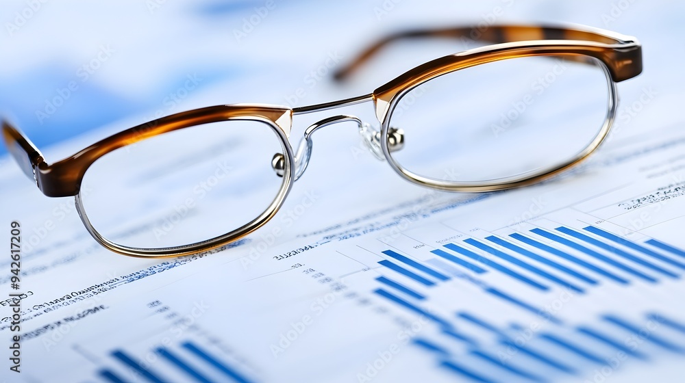 Closeup of a pair of eyeglasses resting on top of a financial report or document isolated on a clean minimalist white background Concept of business finance accounting data analysis Closeup of a pair of eyeglasses resting on top of a financial report or document isolated on a clean minimalist white background Concept of business finance accounting data analysis