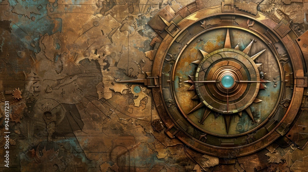 Obraz premium Steampunk compass on a grunge background.
