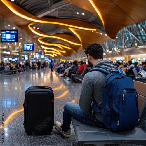 A traveler waits at the airport terminal with a suitcase and backpack, surrounded by fellow passengers and modern architecture. photo