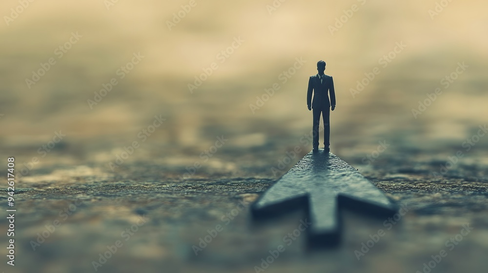 Miniature Figure of a Businessman Standing on an Arrow