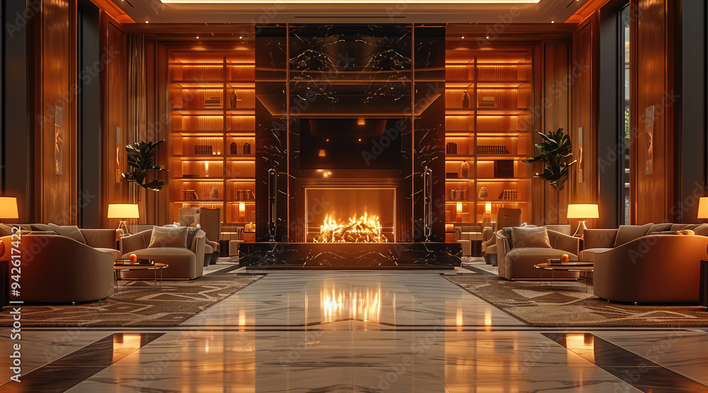 A luxury hotel lounge with contemporary decor, plush seating, and a cozy fireplace, offering a sophisticated relaxation spot. Generative AI. A luxury hotel lounge with contemporary decor, plush seating, and a cozy fireplace, offering a sophisticated relaxation spot. Generative AI.