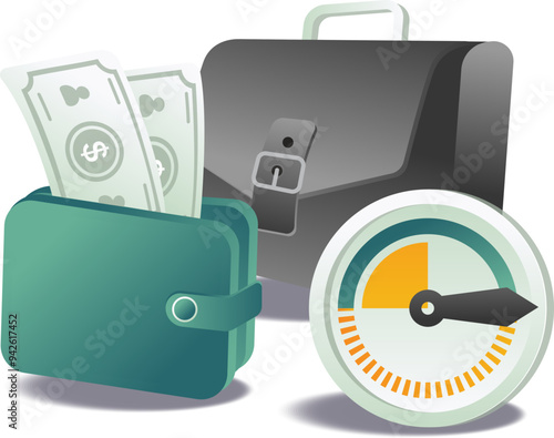A vector illustration of money, a wallet, and a clock