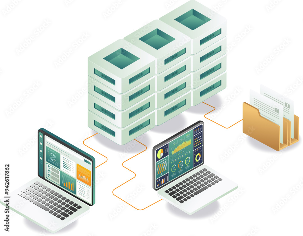 An illustration of a laptop connected to a server, representing technology and data transfer An illustration of a laptop connected to a server, representing technology and data transfer