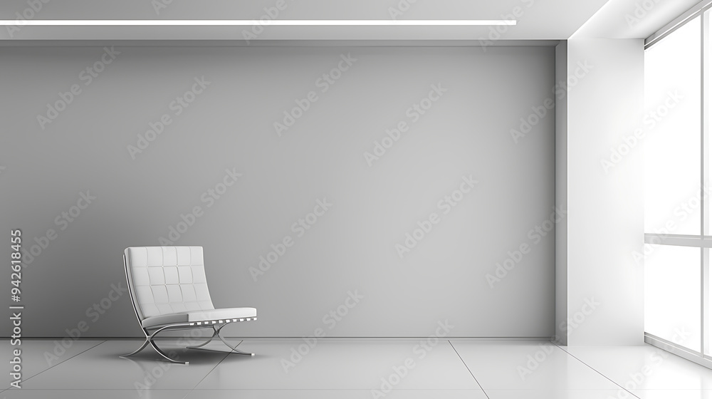 A single white chair sits in a minimalist room with a large window and white walls. A single white chair sits in a minimalist room with a large window and white walls.