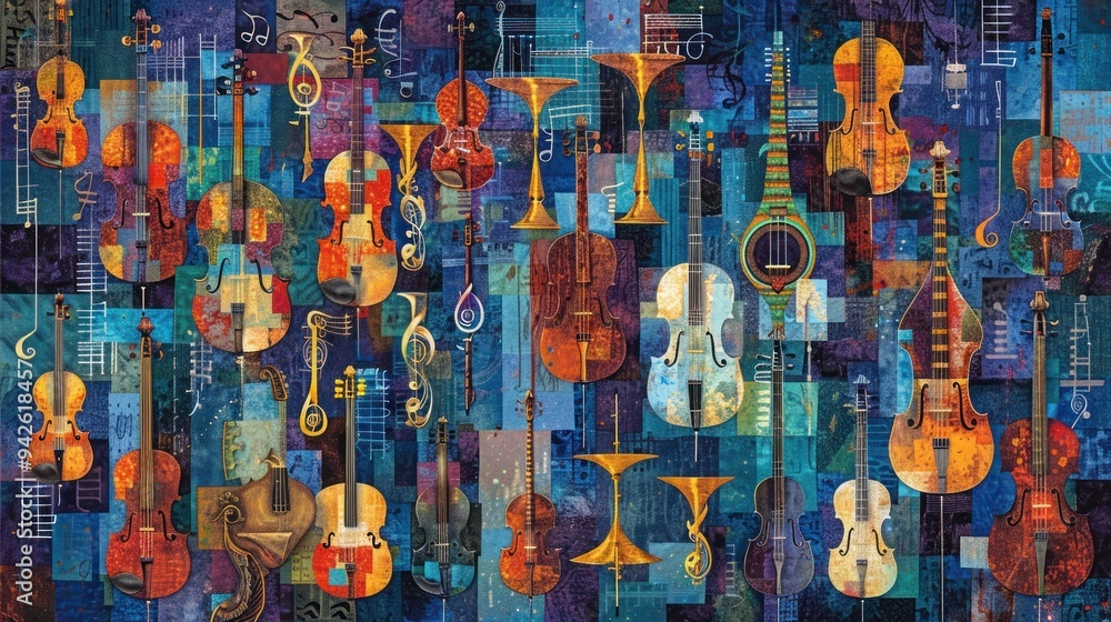 Naklejka premium Abstract Collage of String Instruments and Music Notes.