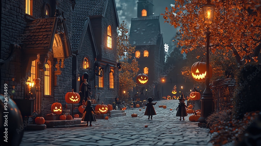 Obraz premium Trick-or-treaters in costumes, spooky street scene, Halloween night