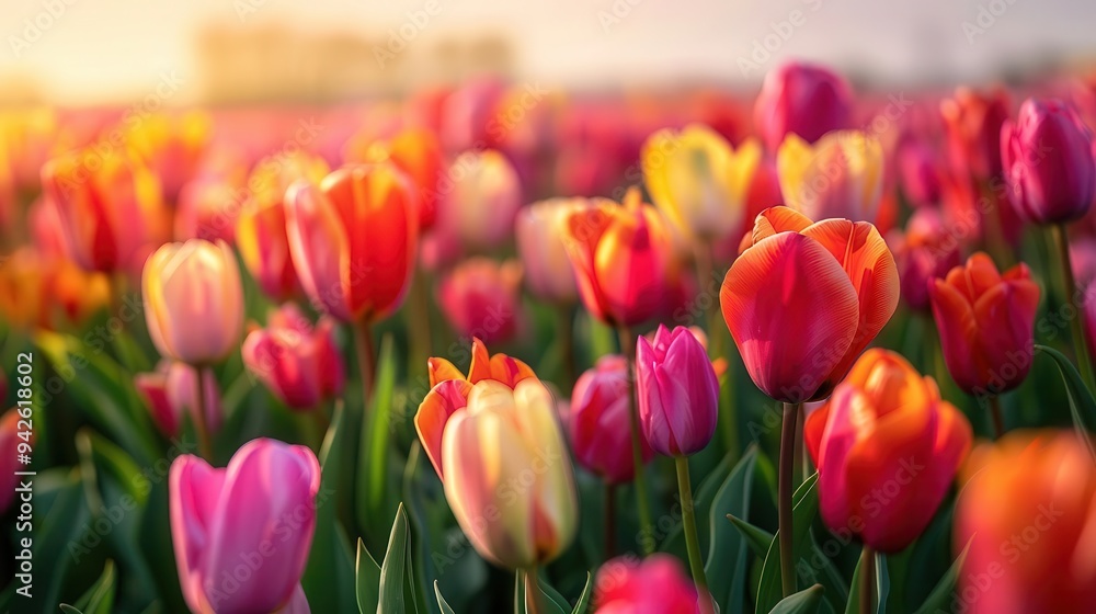 Vibrant Tulip Field at Sunset, a breathtaking display of colorful tulips in full bloom, creating a serene and picturesque landscape bathed in golden sunlight. Vibrant Tulip Field at Sunset, a breathtaking display of colorful tulips in full bloom, creating a serene and picturesque landscape bathed in golden sunlight.