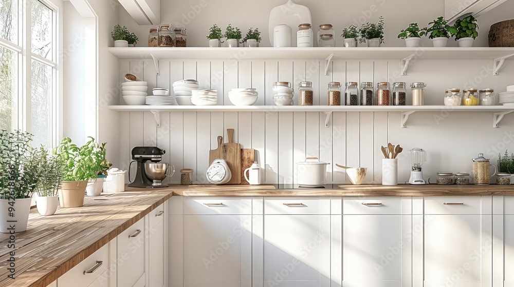 White walls, white square cabinets on the walls, coffee and tea sets on top of the cabinets, farmhouse style kitchen. Generative AI. White walls, white square cabinets on the walls, coffee and tea sets on top of the cabinets, farmhouse style kitchen. Generative AI.