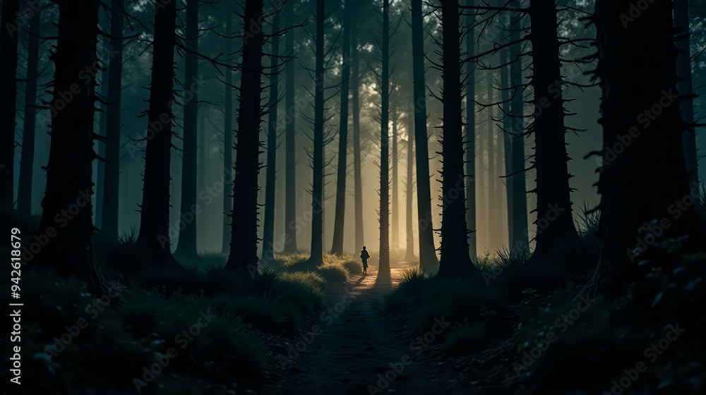 Obraz premium A lone hiker strolls down a tranquil forest path, surrounded by towering trees as the last light of day beams through the branches, creating a serene atmosphere