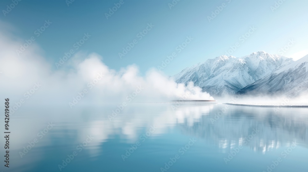 custom made wallpaper toronto digitalSnowy mountain landscape reflecting in a serene blue lake, soft clouds hovering above, creating a tranquil and ethereal winter scene.