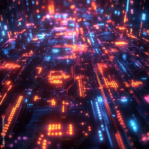 Abstract Circuit Board with Neon Lights