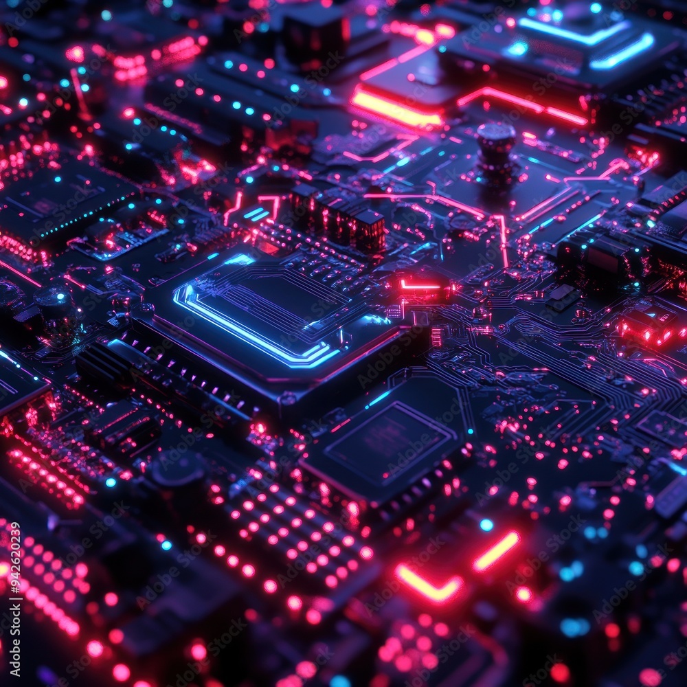 Neon-Lit Circuit Board with Red and Blue Glowing Lines Neon-Lit Circuit Board with Red and Blue Glowing Lines