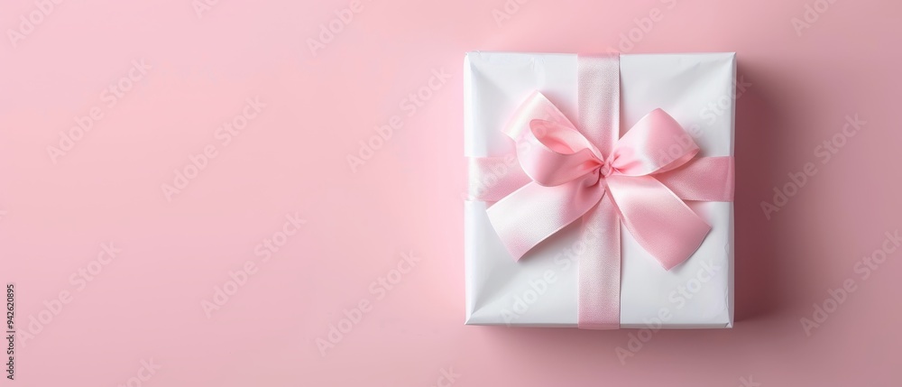 Elegant gift box wrapped in glossy white paper adorned with a soft pink satin ribbon and bow, set against a pastel pink background, perfect for celebrations or special occasions. Elegant gift box wrapped in glossy white paper adorned with a soft pink satin ribbon and bow, set against a pastel pink background, perfect for celebrations or special occasions.