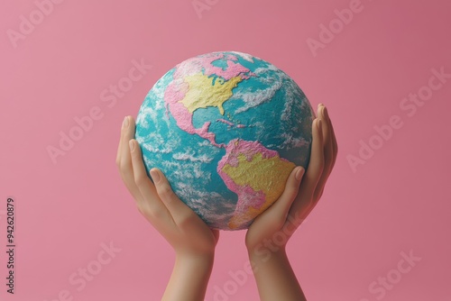 Hands Holding a Globe Against a Pink Background Representing Global Unity and Environmental Awareness