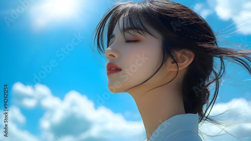 Young woman with her eyes c...