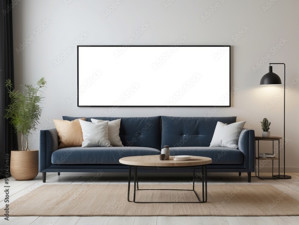 Modern Living Room with Blue Sofa, Empty Frame, and Floor Lamp Modern Living Room with Blue Sofa, Empty Frame, and Floor Lamp