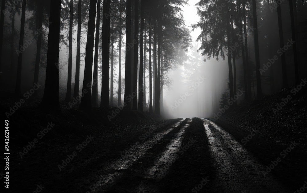 Fototapeta premium A mysterious forest path shrouded in mist, inviting exploration into the unknown. Perfect for atmospheric and eerie themes.