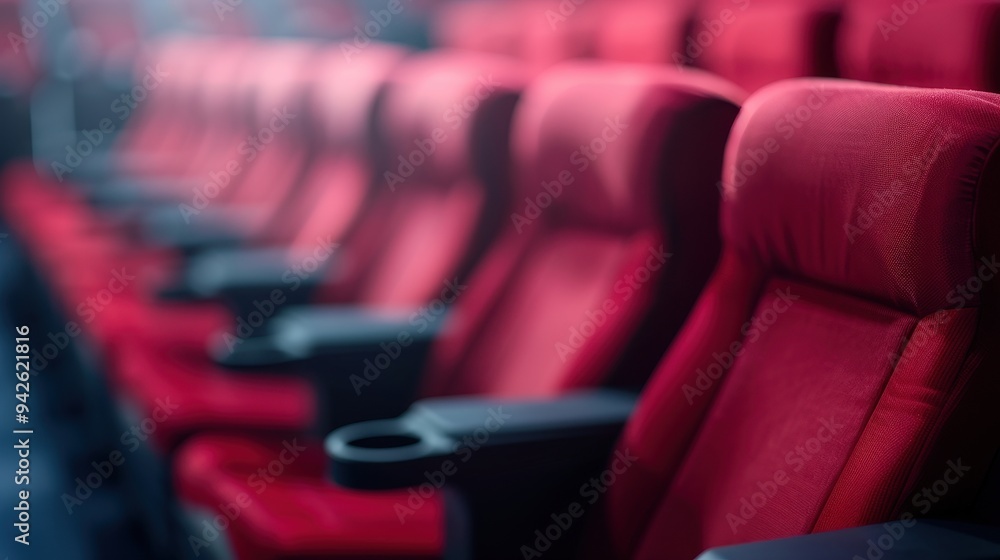 Obraz premium Elegant red theater seats arranged in orderly rows, inviting anticipation for a cinematic experience, embodying comfort and modern design for movie lovers.