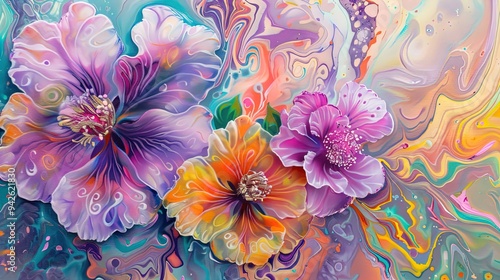 A vibrant abstract painting featuring large, colorful flowers in the foreground. The flowers display a mix of purples, pinks, and oranges with intricate swirls and details. The background is a swirlin