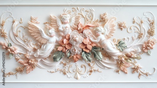 Elegant Baroque Style Wall Decor with Cherubs and Floral Motifs in Soft Pastel Colors photo