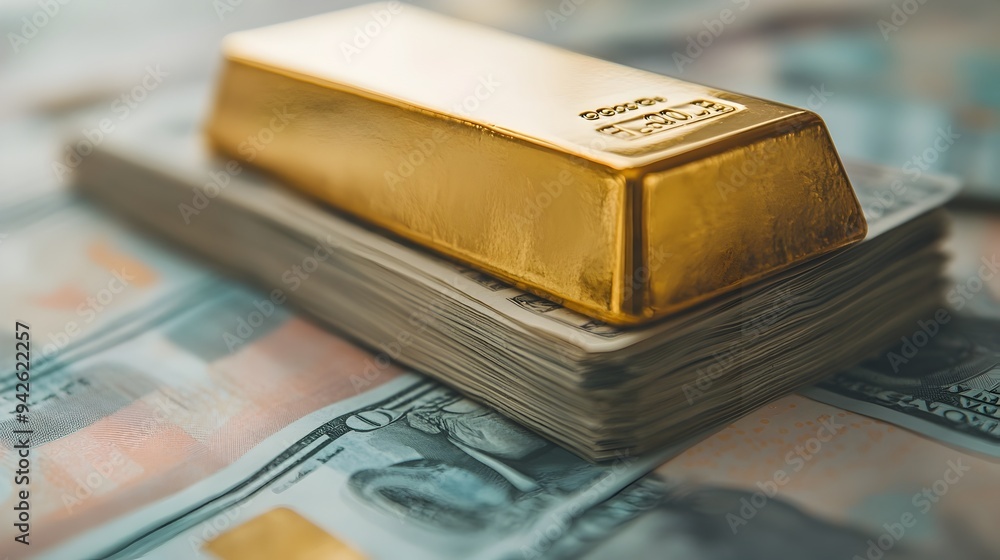 Stacked gold bar positioned carefully atop a stack of currency notes symbolizing wealth financial prosperity and investment success Stacked gold bar positioned carefully atop a stack of currency notes symbolizing wealth financial prosperity and investment success