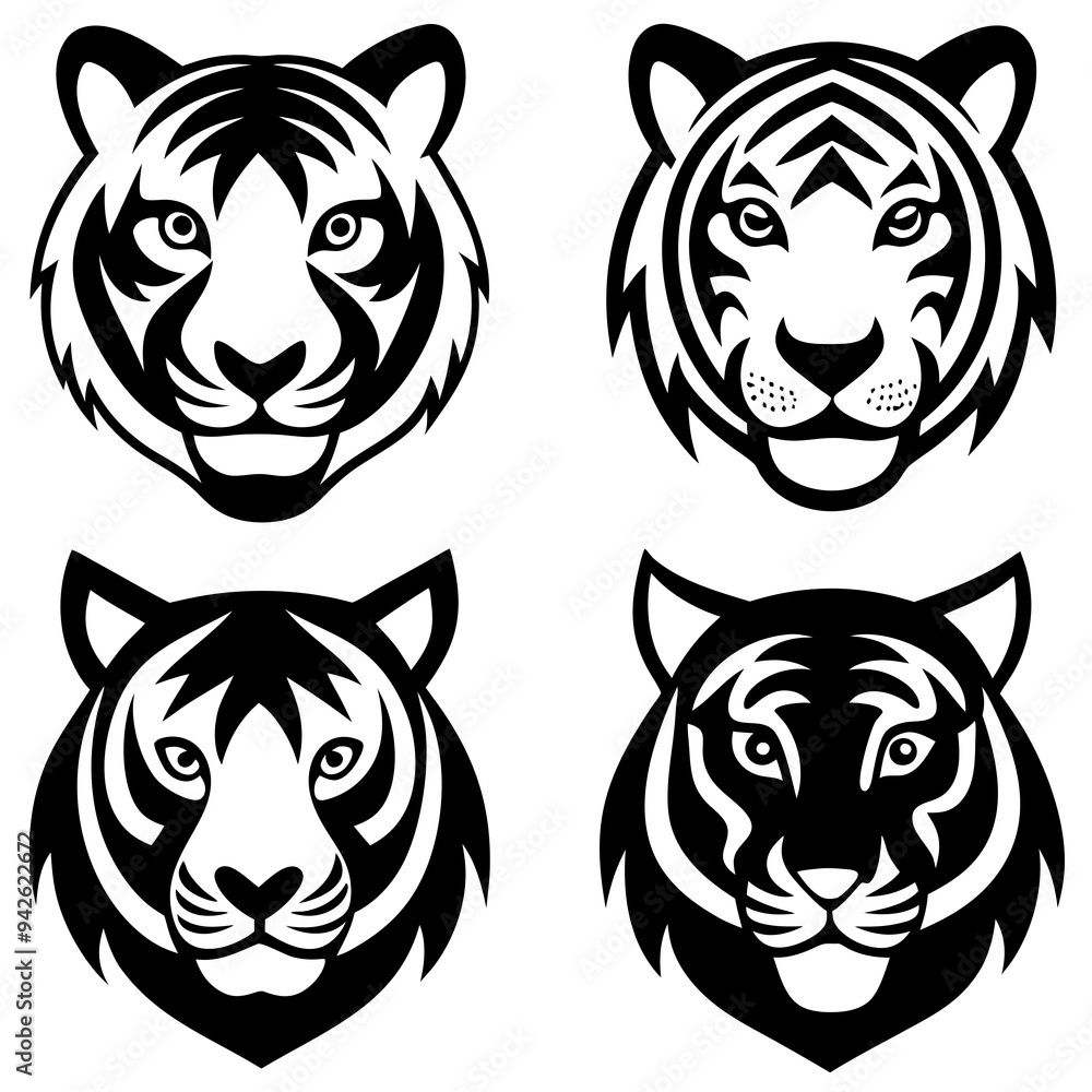 Set of tiger head icons silhouette vector art illustration Set of tiger head icons silhouette vector art illustration