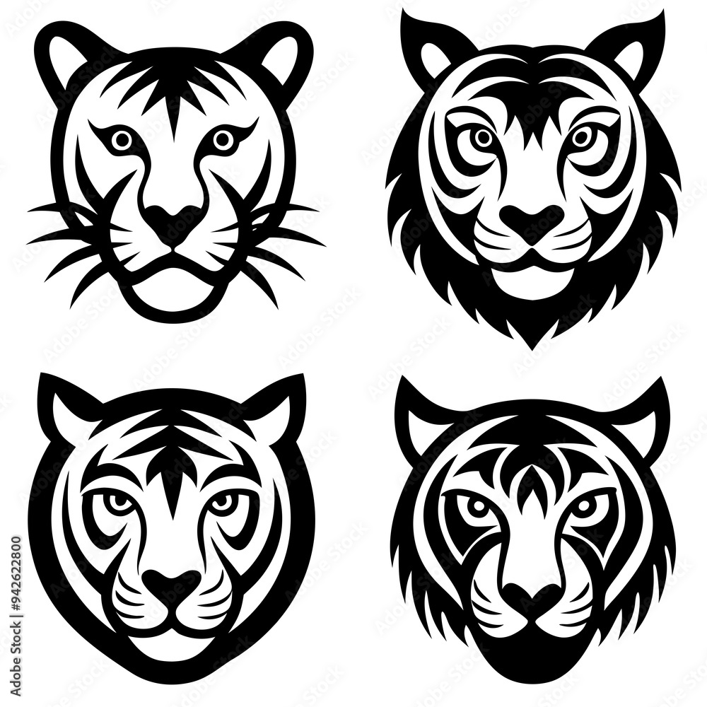 Set of tiger head icons silhouette vector art illustration Set of tiger head icons silhouette vector art illustration