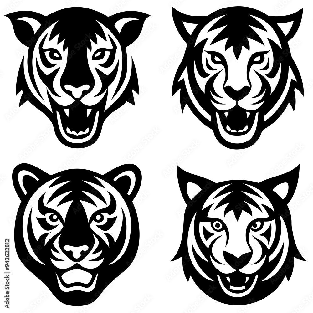 Set of tiger head icons silhouette vector art illustration Set of tiger head icons silhouette vector art illustration